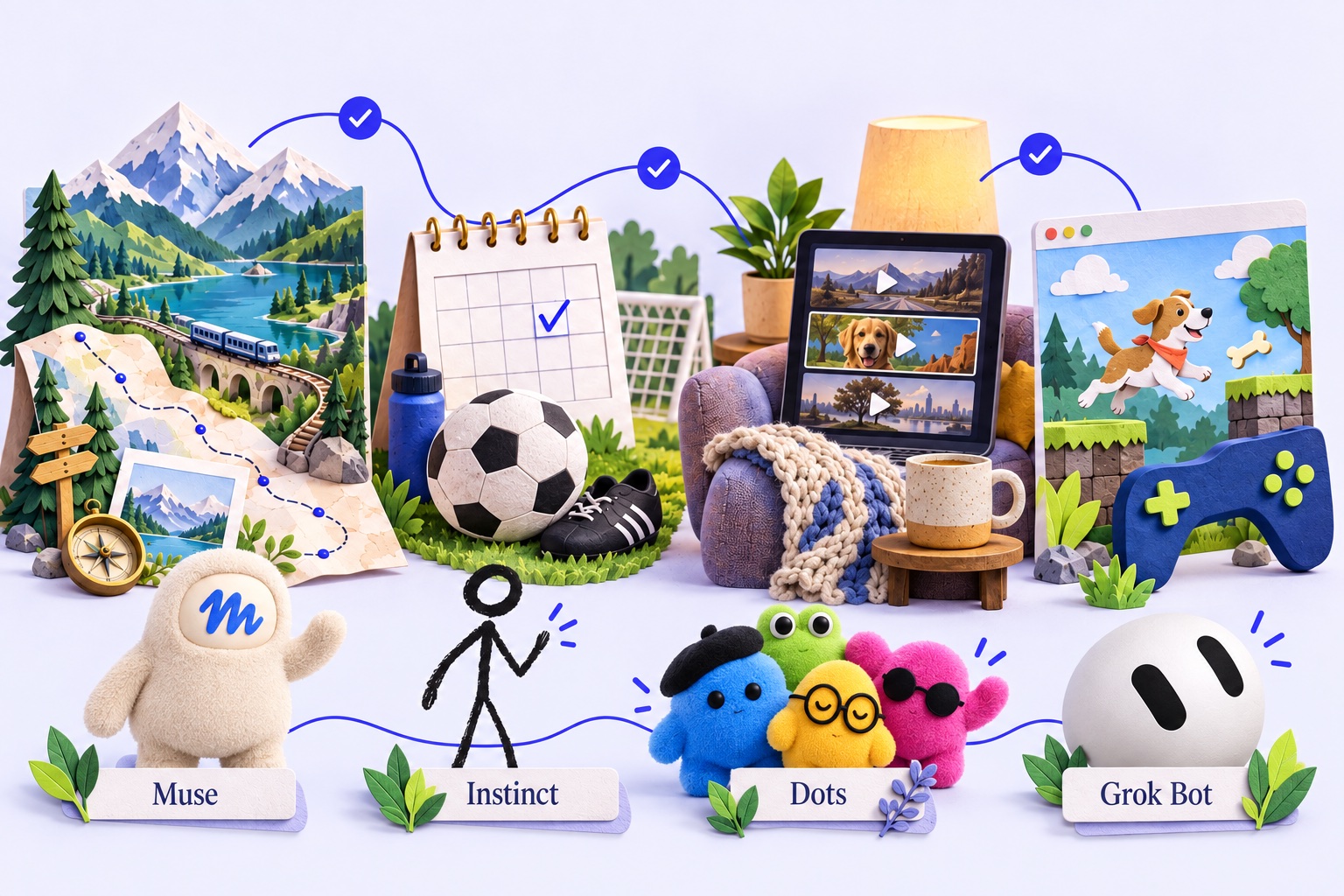 A trip plan, sports signup calendar, watch queue and pet game, with Muse’s cream plush, Instinct’s hand-drawn figure, colorful Dots characters and Grok Bot’s rounded face.